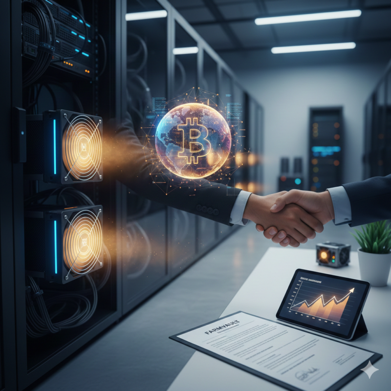 Two people shaking hands at the FarmVault cryptocurrency mining farm with a glowing Bitcoin symbol.