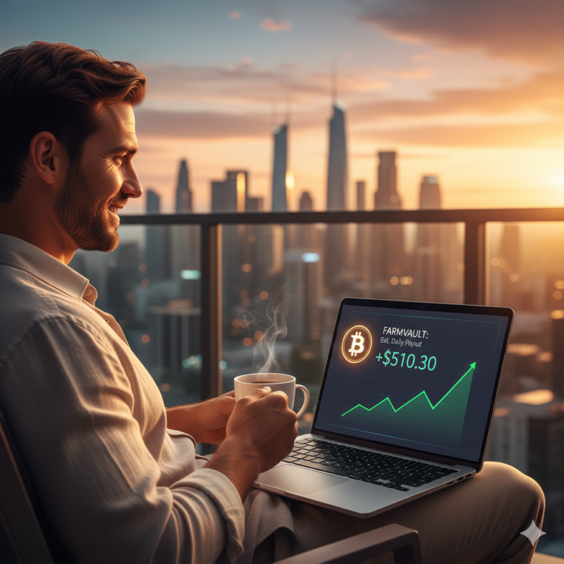 A person checking their Bitcoin mining profitability dashboard in a relaxed environment.